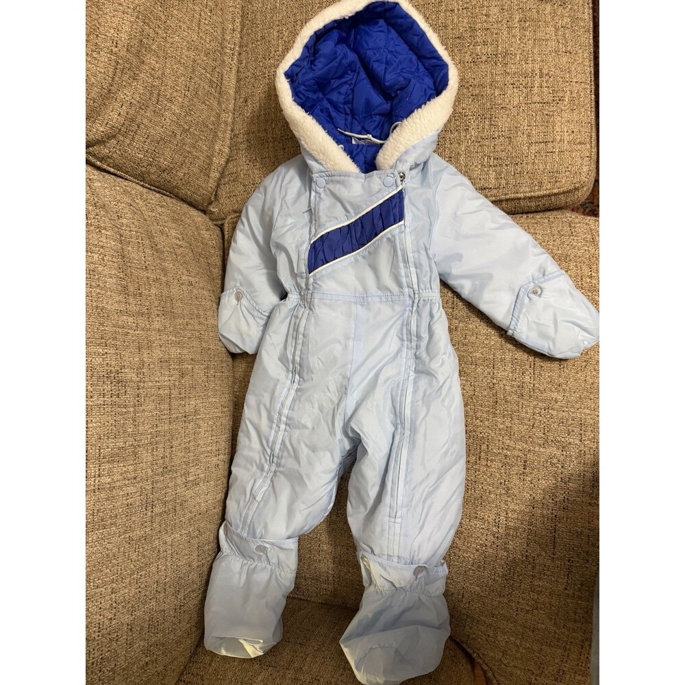 Vintage 80s Sears Baby Bib Ski Hooded Snow Suit Blue Size 6-25 Months